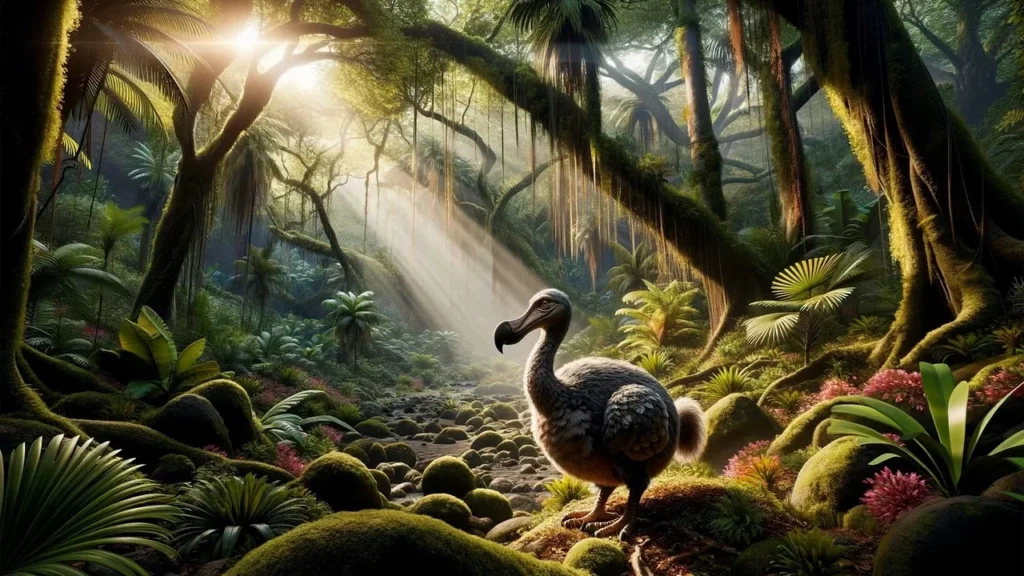 An AI created image of a dodo bird in the forest